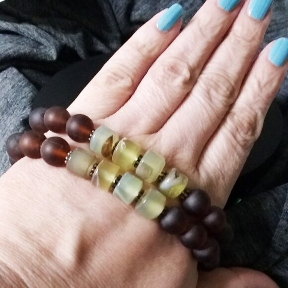 Gorgeous Primal Rustic ~ Recycled Brown Glass Beads + Pale Green Agates ~ Pick 1 - Picture 5 of 9